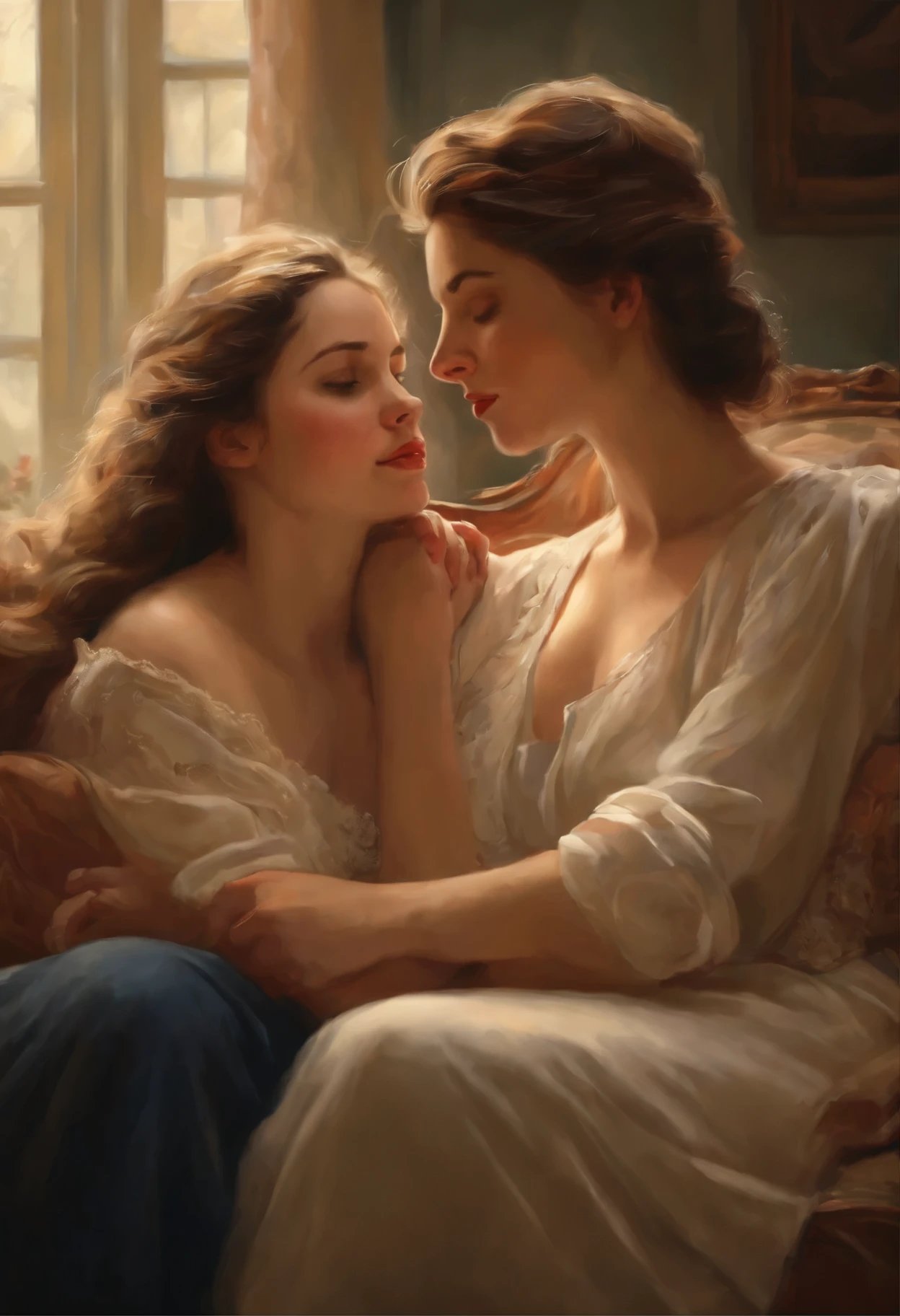 on each other's shoulders. They are in a cozy living room adorned with warm lighting and soft furnishings. The scene has a touch of romance and tenderness. The artistic medium used to depict this image is an oil painting. The details of their facial expressions and postures are exquisitely captured. The girl has beautiful detailed eyes and lips, while the boy's face is extremely detailed and full of emotion. The colors in the painting are vivid, with a warm color tone that creates a comforting atmosphere. The lighting is soft, casting gentle shadows on their faces and adding depth to the scene. The overall quality of the image is of the best quality with ultra-detailed and photorealistic rendering.