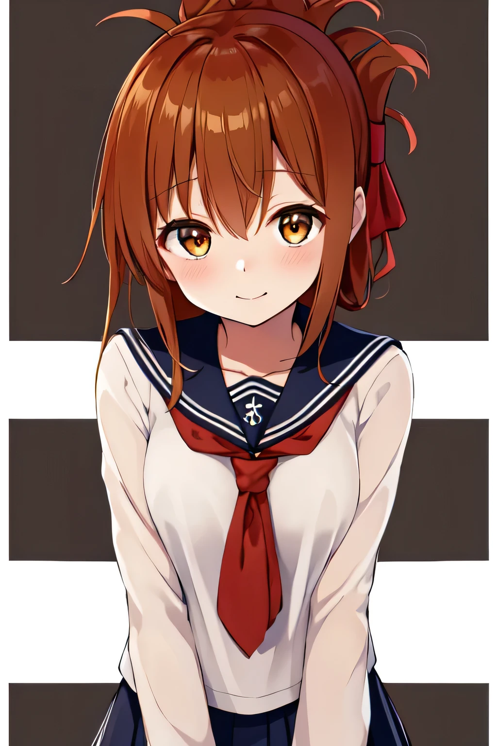 Tabletop, highest quality, 8k_wallpaper, (beautiful eye), ((cute)), cute, (Lovely), (((Sunny day pro wrestling))),1 girl,,1 ,smile(masterpiece, highest quality:1.2),figure,8k,High resolution,One girl,alone,Upper Body,(Portraiture:1.2),Brown_hair,Folded_ponytail,Brown_eye,serafuku,length_hair,School_uniform,Interested in white bikinis?,Are standing、Facing forward、(The background is professional wrestling)