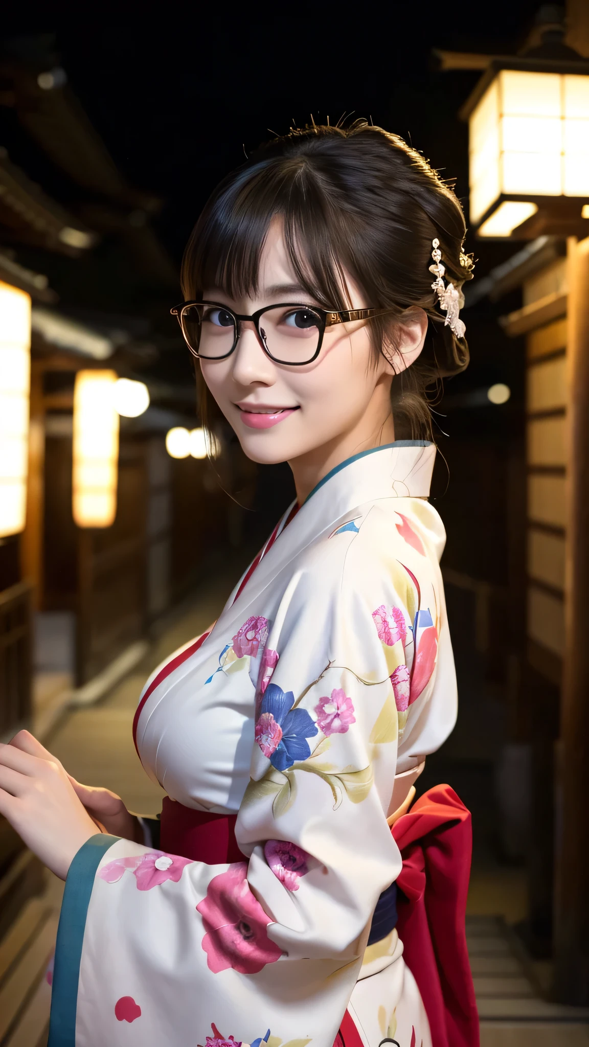 (Super beautiful woman in kimono)、((highest quality、8K masterpiece:1.3))、sharp focus:1.2、(super beautiful face:1.0)、(shiny skin:1.0)、realistic pictures、black hair、video lighting、High resolution eyes and face、video lighting、japanese actress、from the front、big breasts、with a happy smile、Slender abs beauty、whole body、wearing a kimono、in Kyoto、(((luxury obi)))、In Kyoto at night、wearing glasses with no edge