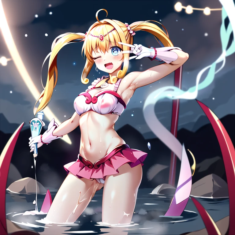 masterpiece, highest quality, High resolution, Hmm., Twin tails, tiara, blue eyes, Long Hair, Ahoge, hair ornaments, Idol, dress, gloves, Cowboy Shot, smile, Open your mouth, Tentacles,Tentacles拘束,Tentacles挿入,Tentacles陵辱,Tentaclesに襲われている,Tentaclesに犯されている,Naughty attack,Ecstasy,Naughty expression,Heroine in Trouble,Energy Drain,Untransform,whole body,Spreading her legs,My clothes are torn,
steam(mist),Wet,Sweat,Climax,Eyes closed,Watery eye,