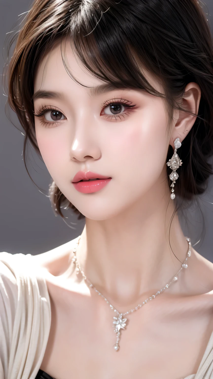 Pilion, Solitary, 1 Girl, Black nails, beads treasure, short hair, Looking at the audience, Necklace, necklace, punching, White background, Heart, Shut up, Gray eyes, Simple background, Gray hair, ear punching, black Necklace, Smile, eyelash, Lips, Bangs,beads, gem, earrings, No hands。