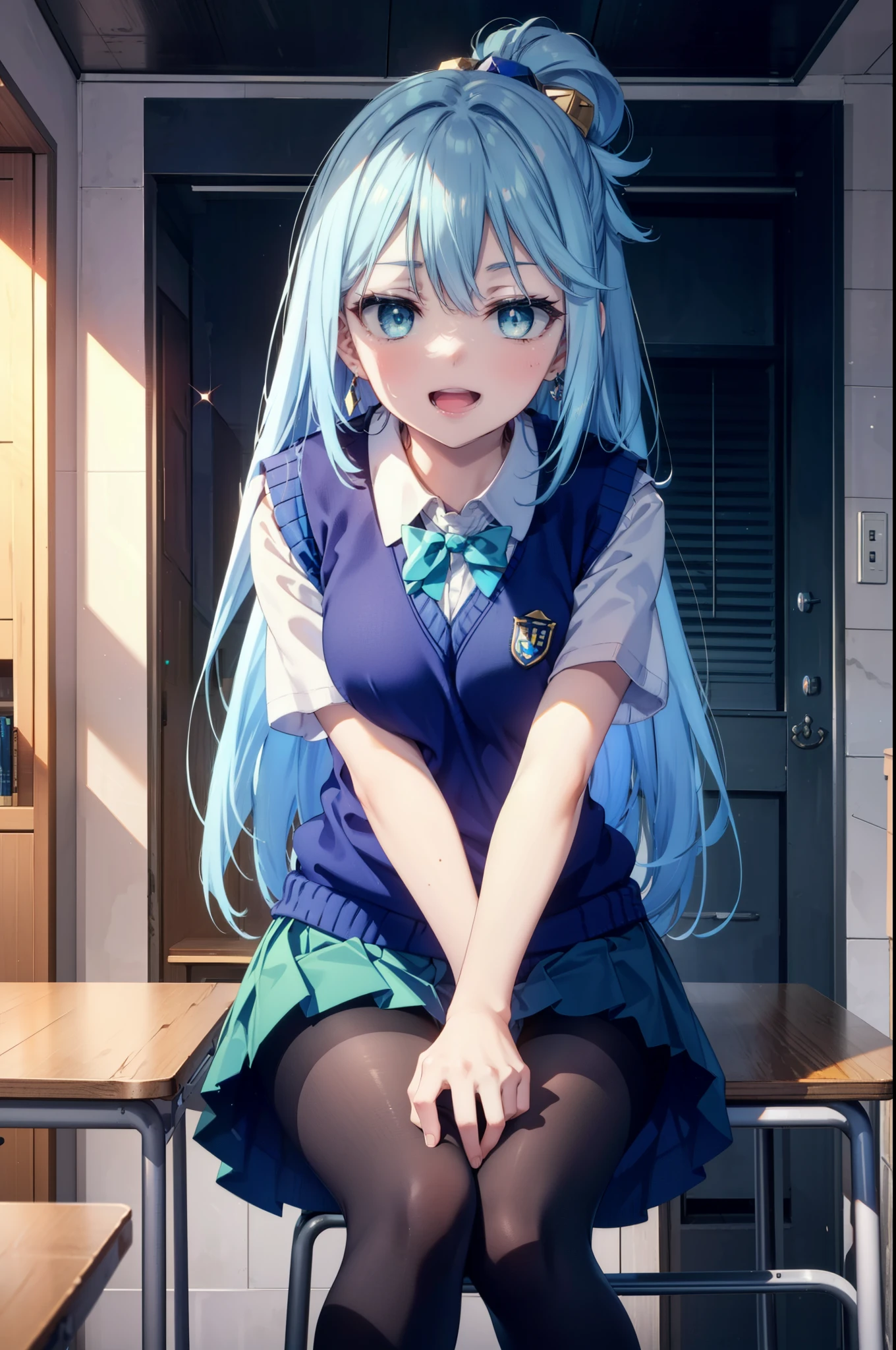 konosubaAqua, Aqua, Long Hair, blue eyes, hair ornaments, very Long Hair, Blue Hair, Hair Ring, シングルHair Ring, Hair ties,happy smile, smile, Open your mouth,
White shirt,Short sleeve,Sweater vest, (blue Sweater vest:1.5),black pleated skirt,Black pantyhose,Black Loafers,whole bodyがイラストに入るように,Sitting at a desk with legs crossed,
break door, School　classroom,crowd, people々々々,
break looking at viewer, whole body,
break (masterpiece:1.2), highest quality, High resolution, unity 8k wallpaper, (shape:0.8), (Beautiful and beautiful eyes:1.6), Highly detailed face, Perfect lighting, Extremely detailed CG, (Perfect hands, Perfect Anatomy),