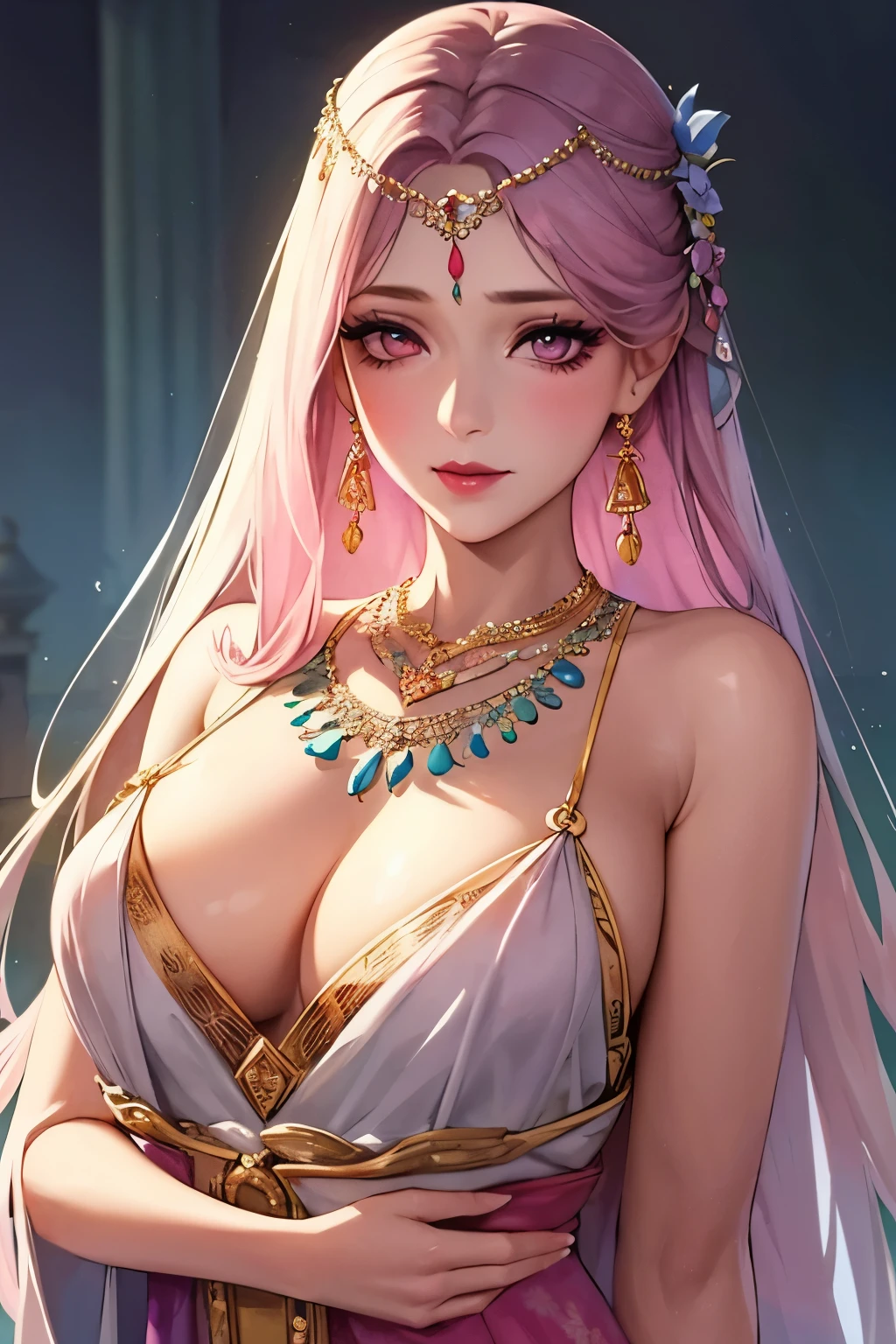 Watercolor painting of a beautiful woman, 30 delicate colors, wearing a fine silky, close-fitting sheet-like fabric, detailed eyes, long eyelashes, foundation, pink lipstick, eyeliner, facial details, simple Necklace, look at me, detailed depiction, temple decorated with ancient ornaments, delicate light depiction,