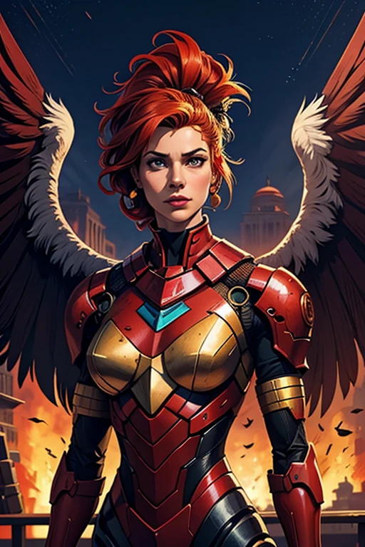 tema vermelho, phoenix lock, head of a rooster head of a chicken, mechanical wings, ciberpunk, melhor qualidade, obra de arte, unmanned, corpo todo, mechanical marvel, forte, lua, cidade arruinada, arte digital da mais alta qualidade, Arte impressionante, papel de parede 4k, Altamente detalhado, military robot, army, zona de guerra, dynamic lighting, Filme, epic, damaged mechanical parts