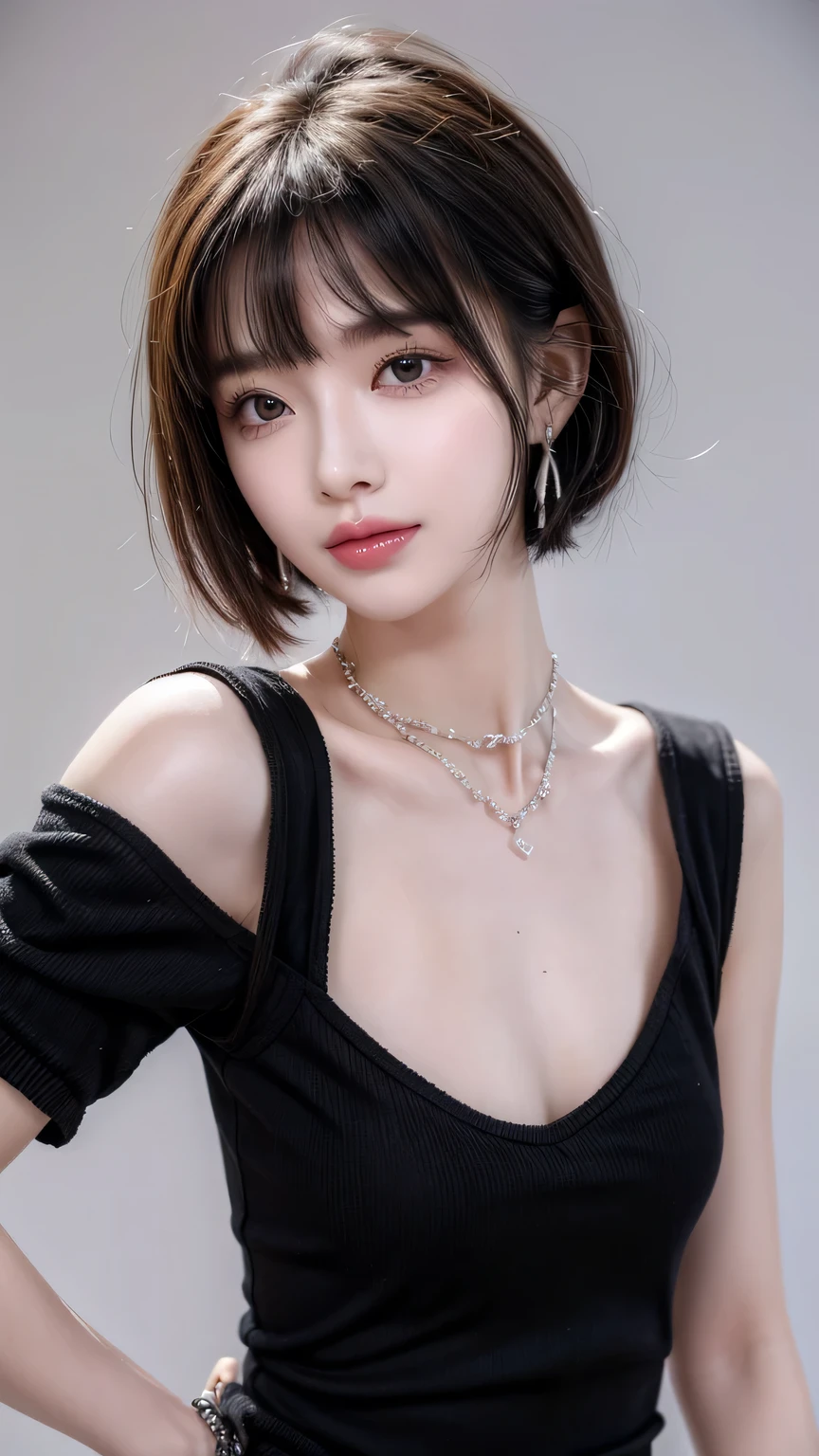 Pilion, Solitary, 1 Girl, 黑nail, beads treasure, short hair, Looking at the audience, Necklace, necklace, punching, White background, Heart, Shut up, Gray eyes, Nail oil, Simple background, Gray hair, ear punching, black Necklace, Smile, eyelash, Lips, Bangs, bracelet, beads, gem, earrings, nail。