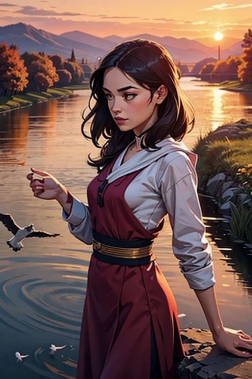 The sunset flies with the lonely geese in the distance, and the autumn river water and the vast sky are connected, icons