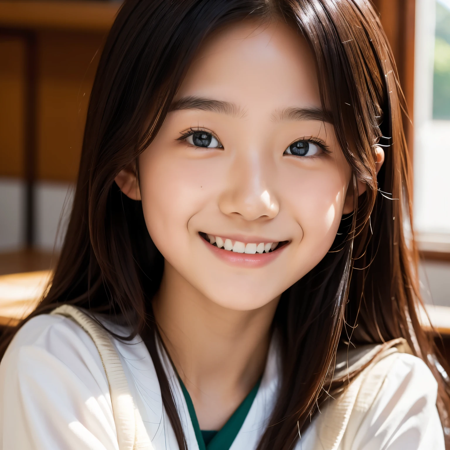 lens: 135mm f1.8, (highest quality),(RAW Photos), (Tabletop:1.1), (Beautiful 15 year old Japanese girl), Cute face, (Deeply chiseled face:0.7), (freckles:0.4), dappled sunlight, Dramatic lighting, (Japanese School Uniform), (In the classroom), shy, (Close-up shot:1.2), (smile),, (Sparkling eyes)、(sunlight)
