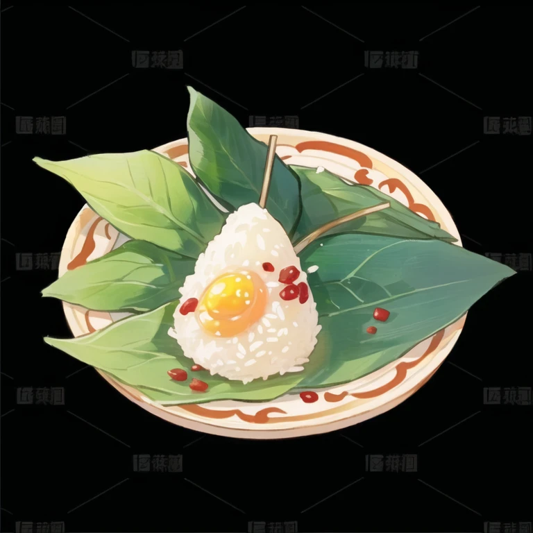 There are zongzi on the plate,Rice dumpling leaves,Egg yolk rice dumpling, Wang Chen, Chiba Yudai, Ghost Festival, flat, beast, Omi Shuzo's style, an egg, Stylized digital illustration, made in illustrator