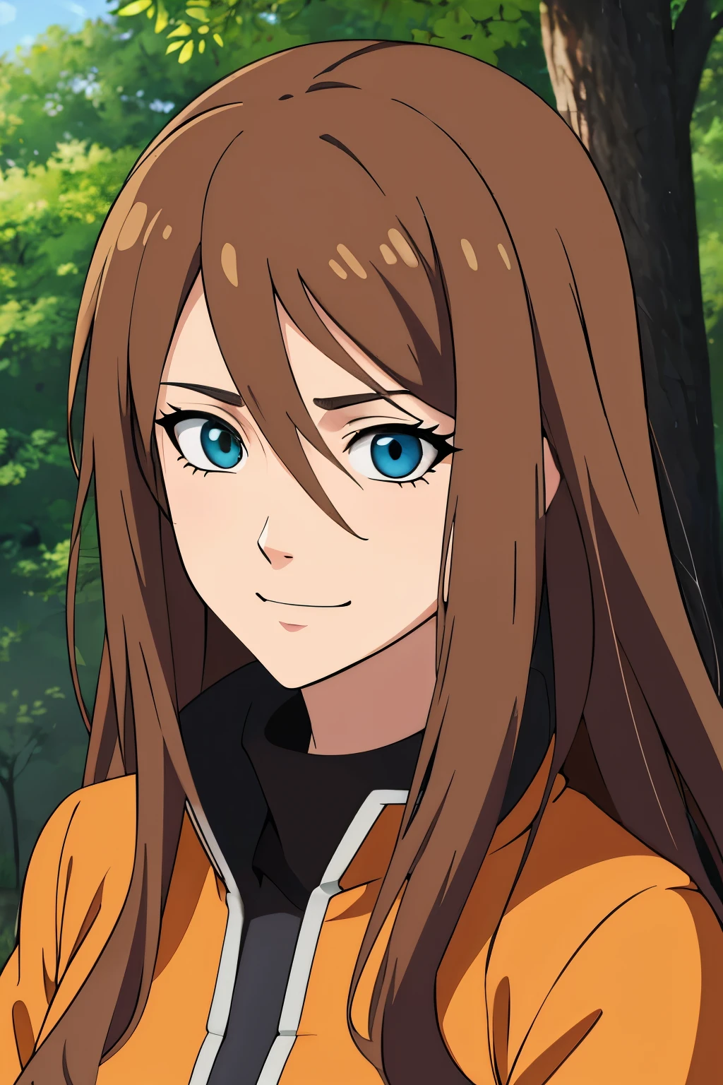 (high-quality, breathtaking),(expressive eyes, perfect face) 1girl, female, solo, portrait, adult, Symmetrical Eyes, brown hair color, long hair length, wavy curly hair, upper body, green and blue eyes, Heterochromia eyes, positive expression, cute smile, detailed eyes, orange jacket, black shirt, Naruto Art style, Masashi Kishimoto Art Style, Shinobi of the Hidden Leaf, hair between eyes, gloves, open field, trees
