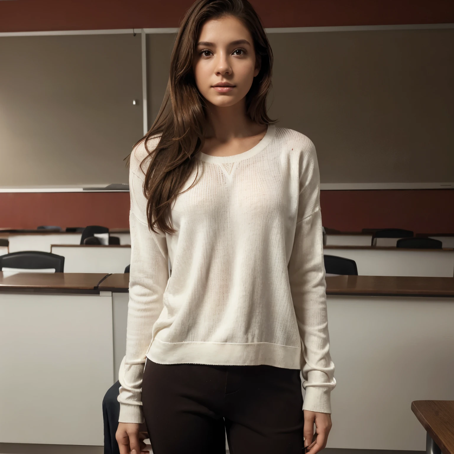 captura de pantalla realista, hombre joven. piel clara. brown hair, medida media ondulado. light brown eyes. hermoso y atractivo. Feliz. wears a white nightgown and red sweater and black pants. classroom background 