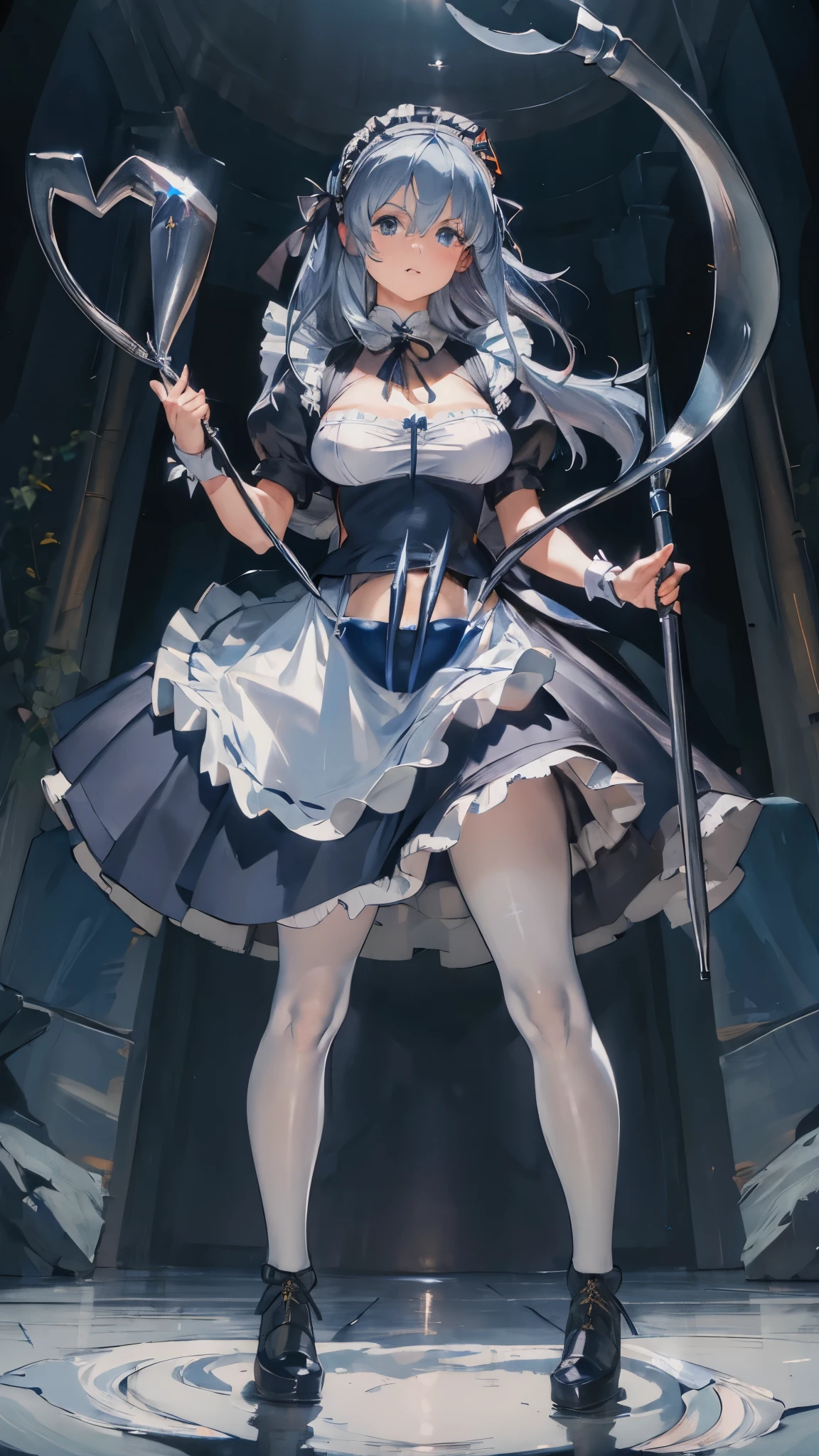 masterpiece, ultra detailed, 8k portrait, RAW photo, portrait photography, highly detailed face, beautiful and meticulous eyes, dark blue hair, long hair, blue eyes, white hair ribbon, (dark blue French maid costume:1.5), white tights, half boots, spread legs, standing, (holding a giant sickle:1.5), by the old castle, in mid night, from below, (cameltoe:1.5)