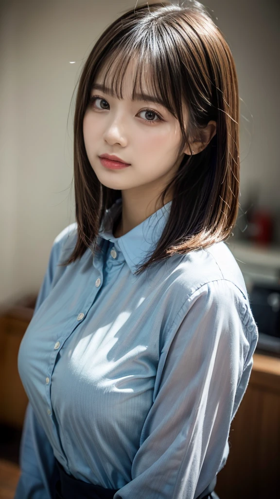 masterpiece, Best Quality, 8K, 20 yo, huge breasts, cuddly, Solo, sad, Cute, Girly, Delicate girl, Neat and clean beauty, Raw photo, Professional Photography, Portrait, Soft light, Professional Lighting, Back lighting, Upper body, front view, Sophisticated, Film grain, (Eyes and faces with detailed:1.0), short length floating hair, beautiful flowing hair, bangs, collared shirt