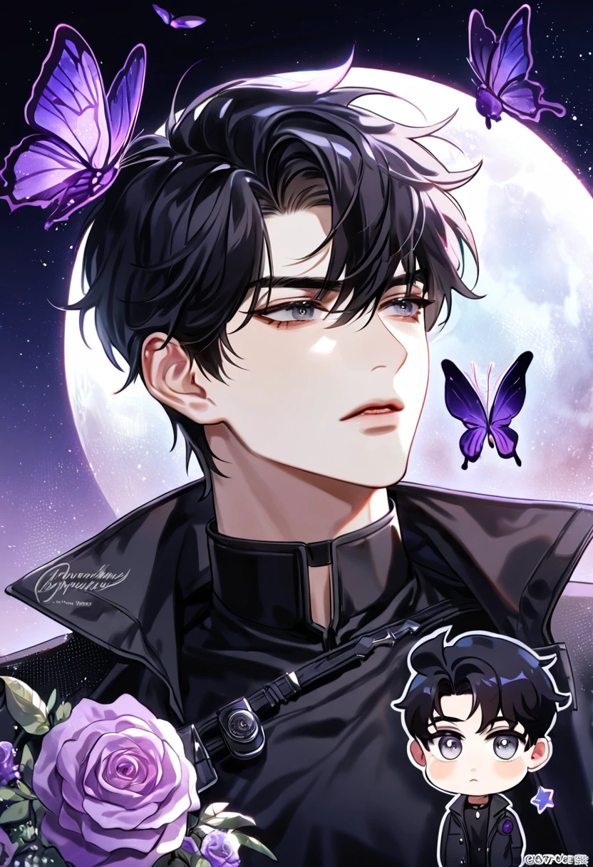 (absurdres, highres, ultra detailed, HDR) master piece, best quality, perfect face, delicate features, Yoo Joonghyuk, black hair, expressive gray eyes, Omniscient reader's viewpoint,  boy, cute, black coat, black shirt, moon, purple flames, purple butterflies, purple roses, starry sky