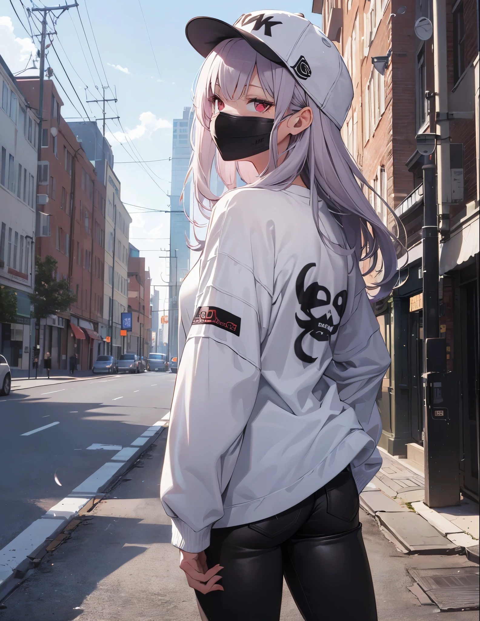 (Close-up:1.3),Realistic,highest quality, Super detailed, High-quality CG rendering, The most delicate and beautiful, Floating softly, High resolution, (1 female), (highest quality,4K,8k,masterpiece:1.2), Light purple hair,Long Hair,Red eyes,(Troubled face:1.4),(All white oversized long sleeve T-shirt:1.3),(All black pants:1.3),(White cap:1.3),In the city,old buildings,(Black Mask:1.4),(whole body:1.3),(Sandals:1.2),(whole body:1.3),(Turn your back to your audience:1.3),