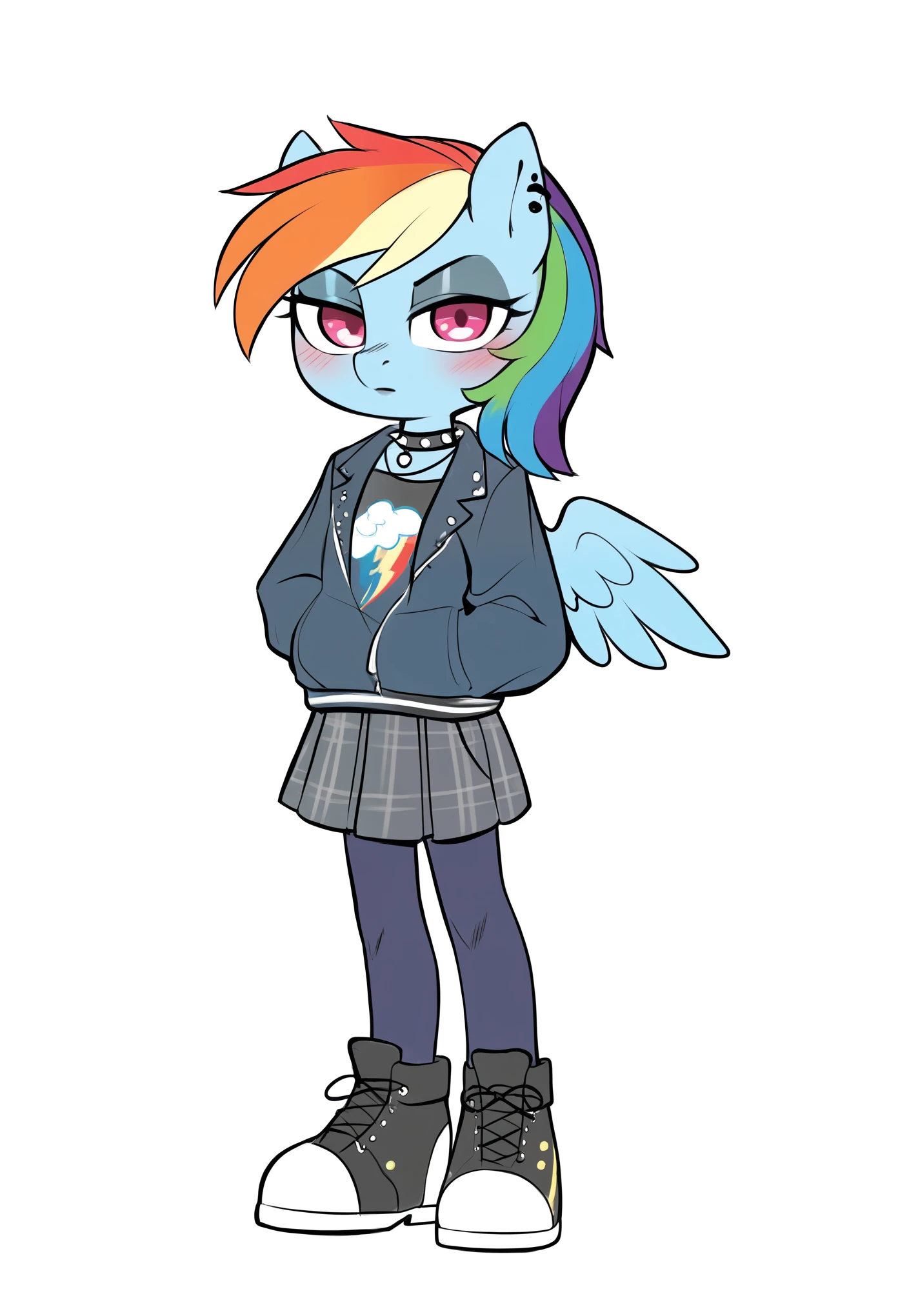 score_9, score_8_up, score_7_up, source_furry, rating_safe, by magnaluna, rainbow_dash_(mlp) posing seductively in a goth bedroom, anthro, blushing, fullbody, full body, CBTwi