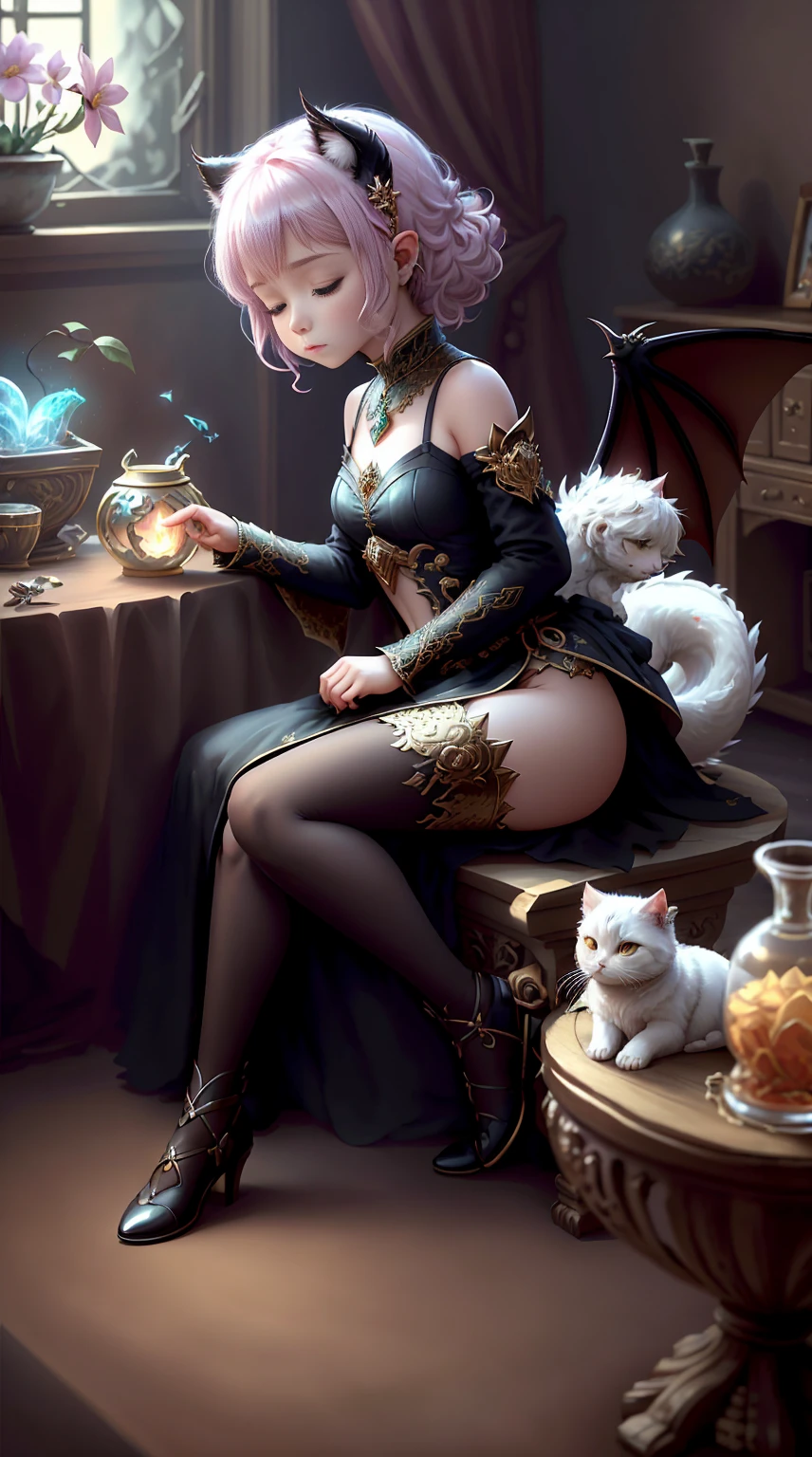 Faris Style, alone, hair ornaments, close your eyes, flower, wing, horn, Cat, white Cat, Dragon-Cat, hair flower, No humans, gem, Dragon, scale, eastern Dragon, Movie angle, Cinema Lighting, Shorthand, Depth of written boundary, Detailed Background, masterpiece, highest quality , Official Art ,