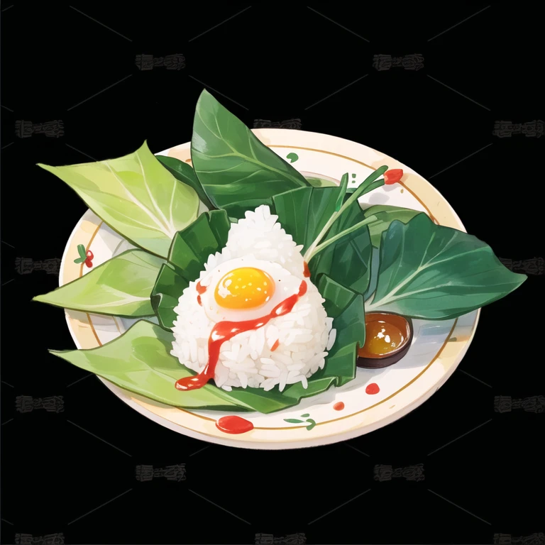 There are zongzi on the plate，Rice dumpling leaves，Egg yolk rice dumpling, Wang Chen, Chiba Yudai, Ghost Festival, flat, beast, Omi Shuzo&#39;s style, an egg, Stylized digital illustration, made in illustrator