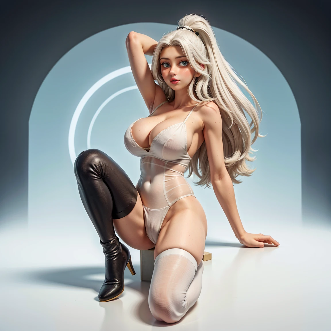 8k, Ultra HD, super details, high quality, high resolution. The heroine Gata Negra, looks beautiful in a full body photo, her body is sculptural, her long and voluminous white hair is radiant in a perfect combination with her white skin, her bright blue eyes mesmerize everyone. She is wearing her heroine costume which consists of, A tight bodysuit in black color, High white boots. She looks very sexy, drawing attention to her big breasts and thick legs.