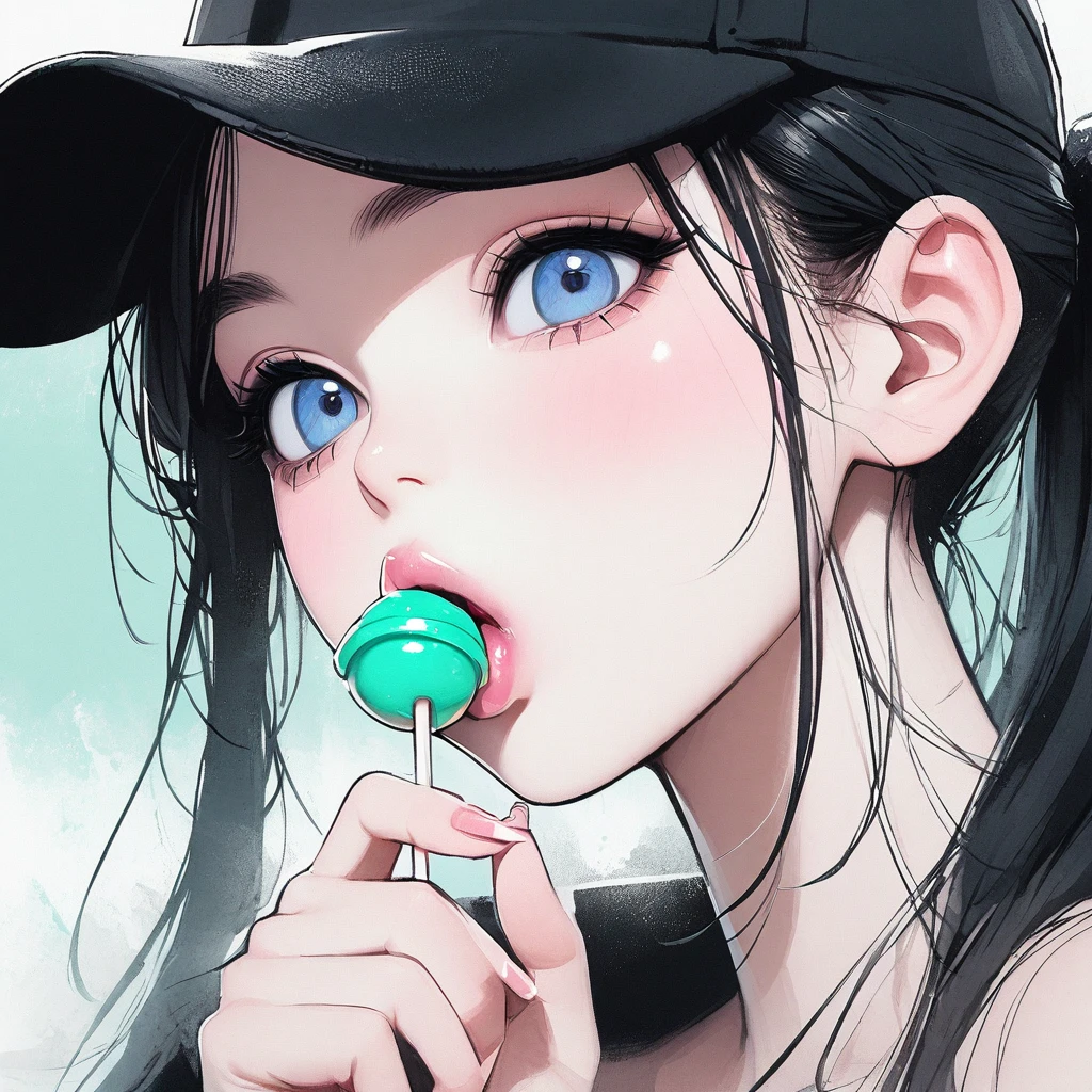 Girl, black hair, blue eyes, beautiful, strapless mint dress, pastel colors, face close-up, flat, ponytail, sucking a lollipop, lipgloss, brat