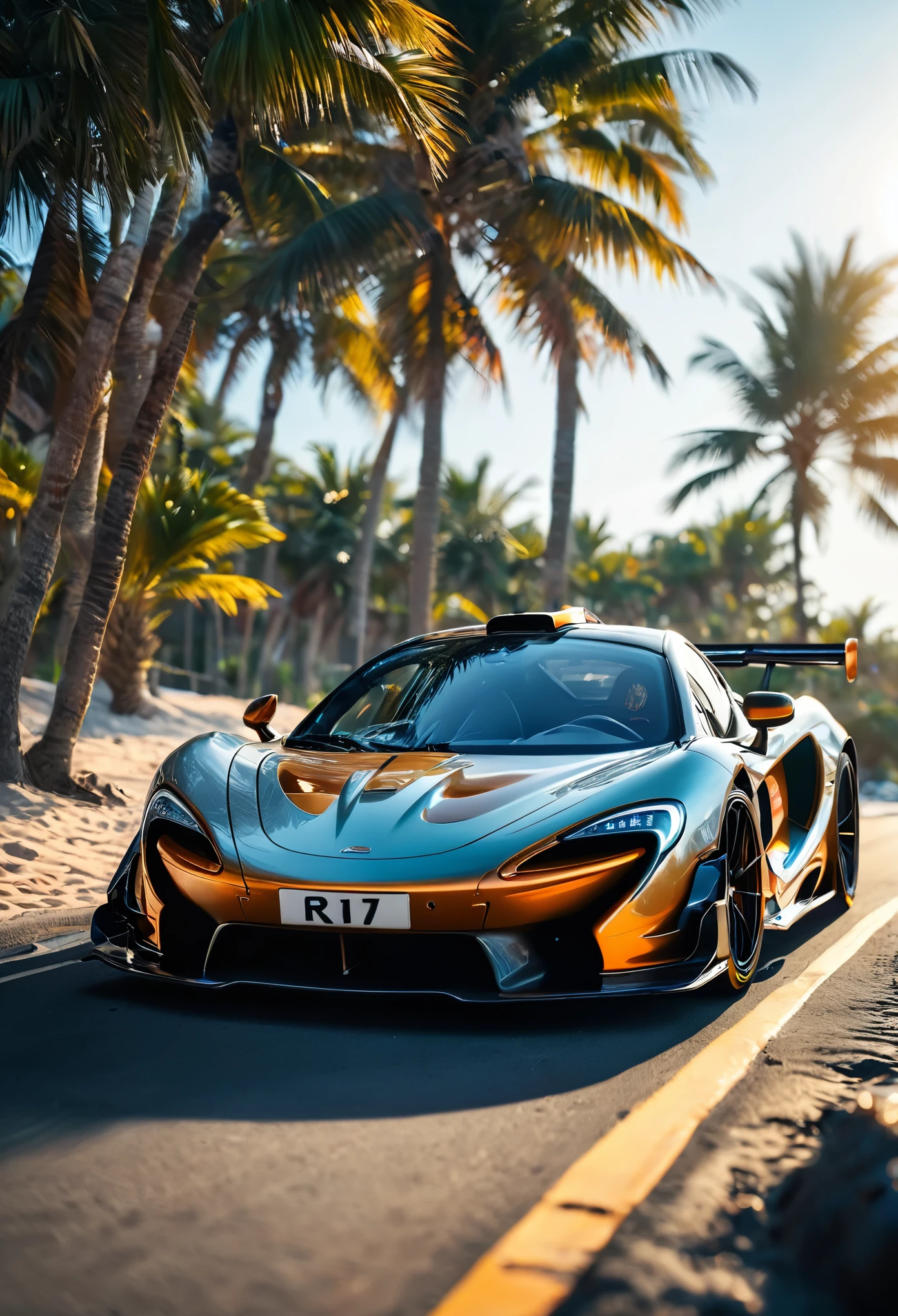 Mclaren p1 gtr, wallpaper beach background --ar 2:3 --style raw, sony α7 III, candid 4k, F1. 2, 85mm, 32k render, photography realistic 