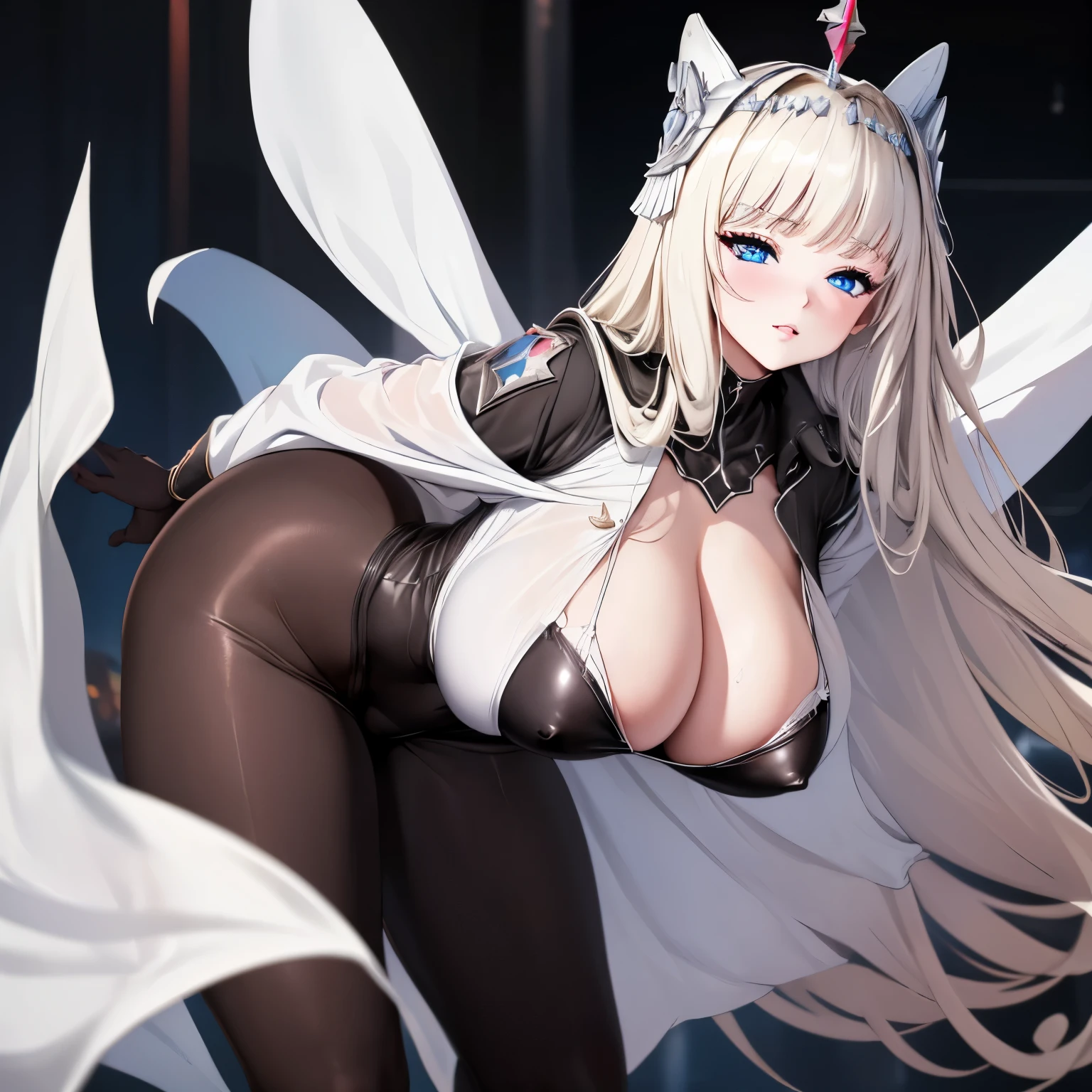 (The Goddess Of Victory Nikke Crown), 8k super high quality, 8k, ultra resolution, erotic angle, wide thighs, beautiful legs, long thighs, (((wearing white sheer seductive pantyhose))), showing cleavage, huge saggy mature breasts, cute sexy clothes, wide ass, wide hip, (wide pelvis), ((huge lower body))