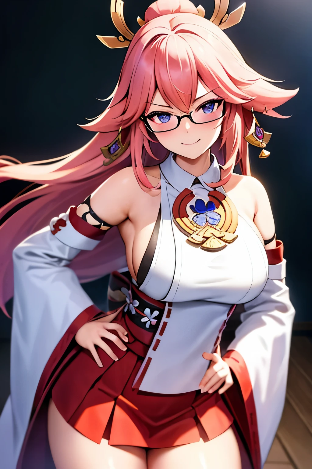(masterpiece, best quality, ultra detailed, hyper realistic, photo),delicate pattern, detailed background, uncensored completely,
1yae miko, cowboy shot, japanese girl, class room,
, loose collar, skirt, looking over eyewear,
hair between eyes,
put up index finger and one hand on hip, angry with puffed cheeks,
from above, leaning forward,