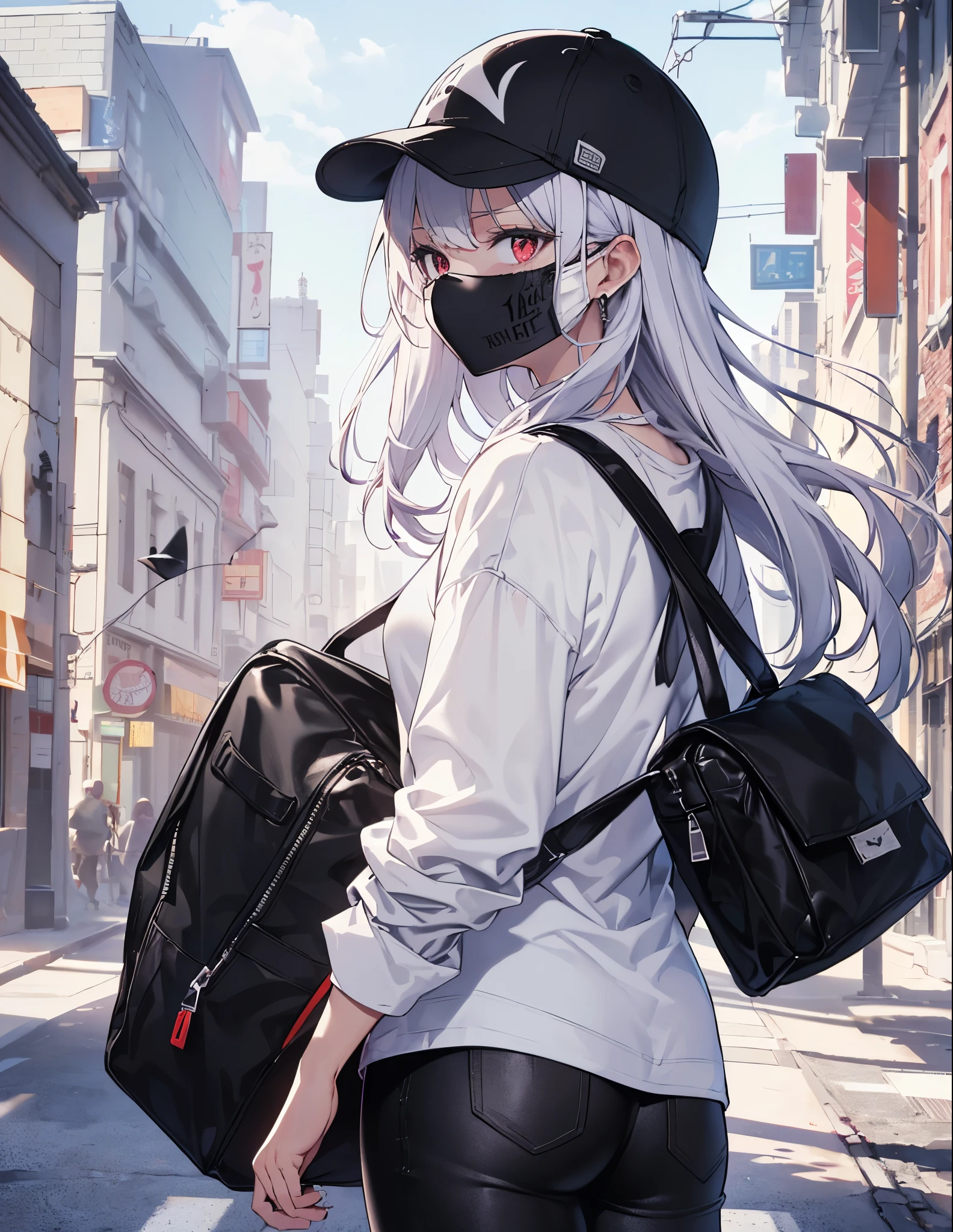 (Close-up:1.3),Realistic,highest quality, Super detailed, High-quality CG rendering, The most delicate and beautiful, Floating softly, High resolution, (1 female), (highest quality,4K,8k,masterpiece:1.2), Light purple hair,Long Hair,Red eyes,(Troubled face:1.4),(All white oversized long sleeve T-shirt:1.3),(All black pants:1.3),(White cap:1.3),In the city,old buildings,(Black Mask:1.4),(whole body:1.3),(Sandals:1.2),(whole body:1.3),(Turn your back to your audience:1.3),Ass
