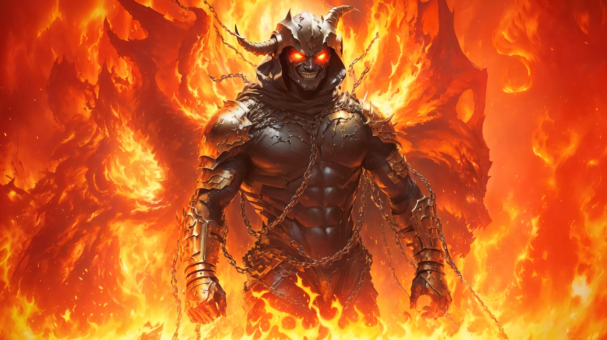 a demon in a metal suit in the middle of a fire with chains around his body, com um capus, smiling and with gestures of determination, he is indestructible, muscular humanoid balrog demon, chama conjurando blindado, fire demon, criatura golem de fogo, Lee Bermejo, por Aleksi Briclot, conceito de alma escura art, senhor das cinzas, arte do apocalipse!!!!, conceito de alma escura, demon male man, Beksinski e Mumford