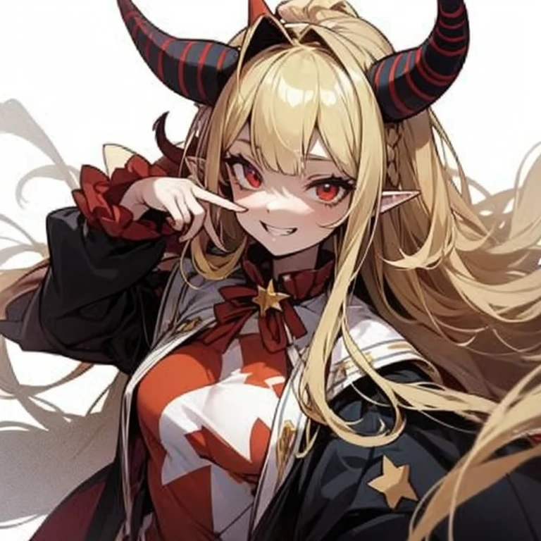 Masterpiece, best quality, expressive eyes, perfect face, 1girl, solo, star print, long hair, blonde hair, very long hair, horns, white background, smile, pointy ears, simple background, multicolored hair, braid, neck ruff, mask, clown outfit, grin, red eyes
