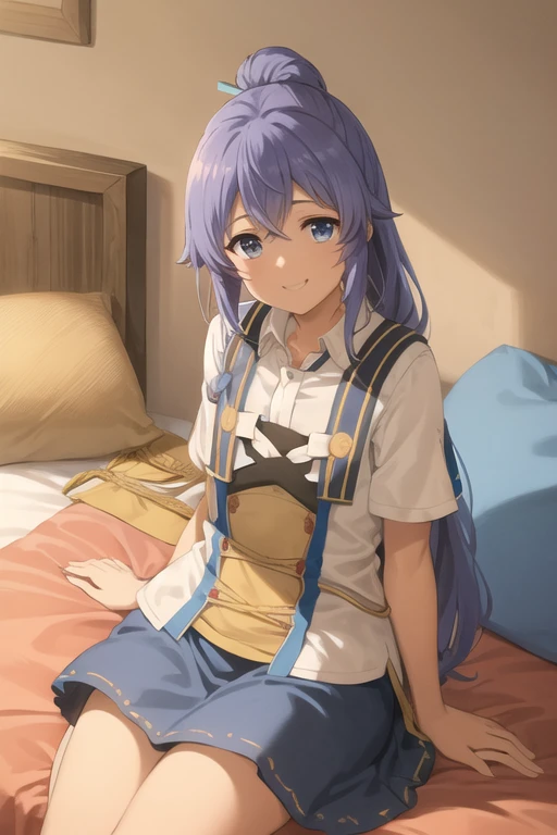 mejor calidad, (Obra maestra:1.2), detallado,
1 chica, solo, boca abierta, sonrisa ligera,
trenzas gemelas, pelo largo, pelo azul, ahogo, blue eyes,
Camisa blanca, camisa de cuello,
Session, en la cama, mirando al espectador,
adentro, vela, axilas, pecho plano