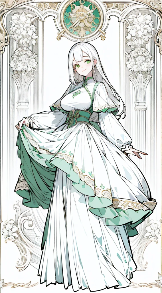 Young beautiful woman　cute　Anime illustration　Smiling here　Pale green eyes　Big Breasts　She looks neat and tidy and is wearing a luxurious white dress.　　White highlights on both eyes　Waist-length white hair　Beautiful fair skin　Standing there with a neat appearance　Lady　Looks kind　A young woman in her teens　cute