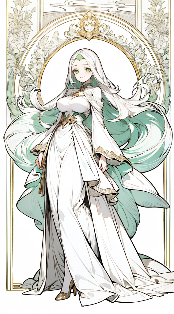 Young beautiful woman　cute　Anime illustration　Smiling here　Pale green eyes　Big Breasts　She looks neat and tidy and is wearing a luxurious white dress.　　White highlights on both eyes　Waist-length white hair　Beautiful fair skin　Standing there with a neat appearance　Lady　Looks kind　A young woman in her teens　cute