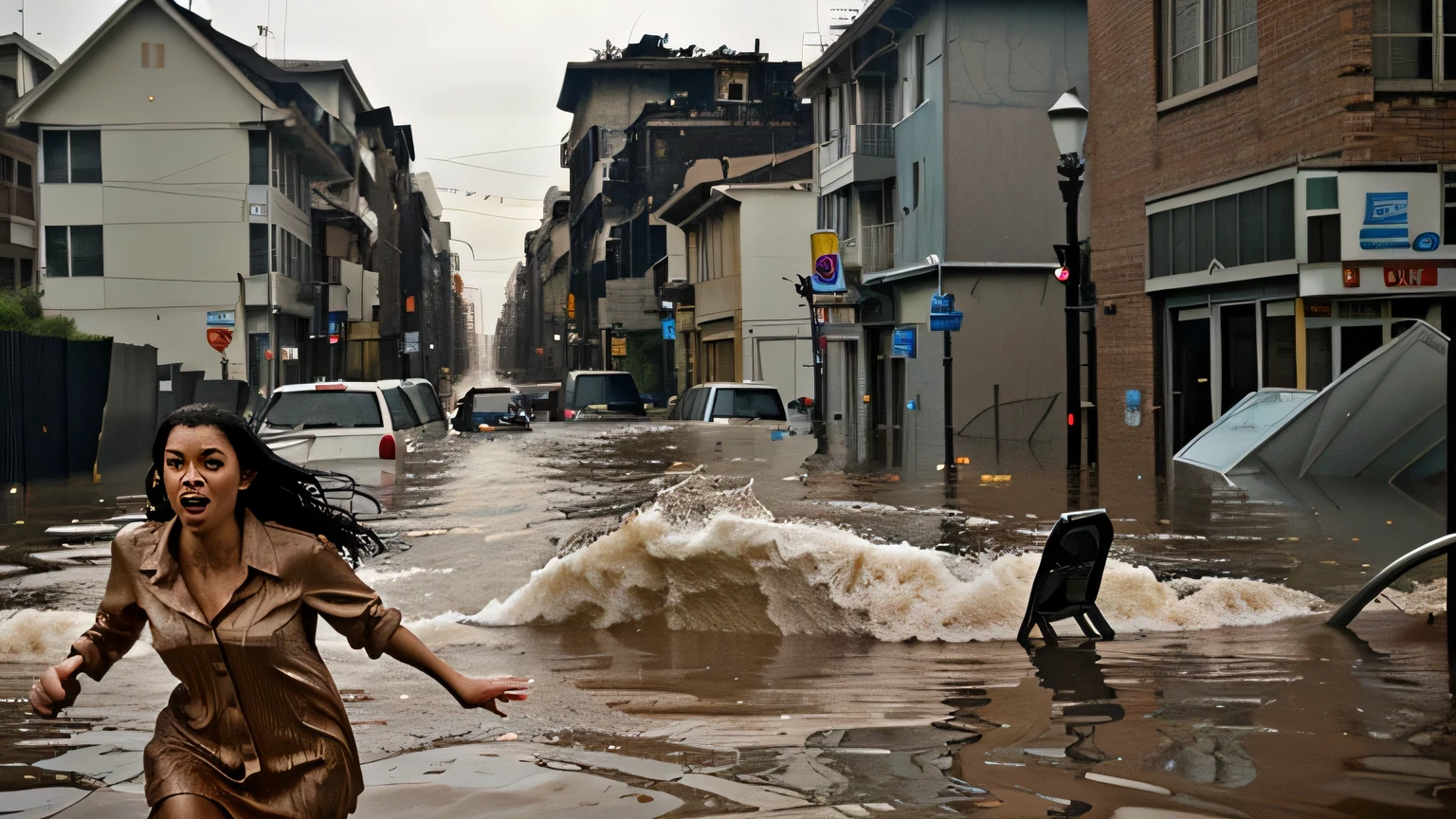 arafed woman running through a flooded street in a city, an amazing photo, amazing photo, disaster photography, impressive winning photo, journalistic photo, winner of the year's best photo, unbelievable, pulitzer prize winning photo, stunning visual, powerful photo, floods, very famous photo, terrifying!!!, completely flooded, extreme weather, flooding, beautiful!!!