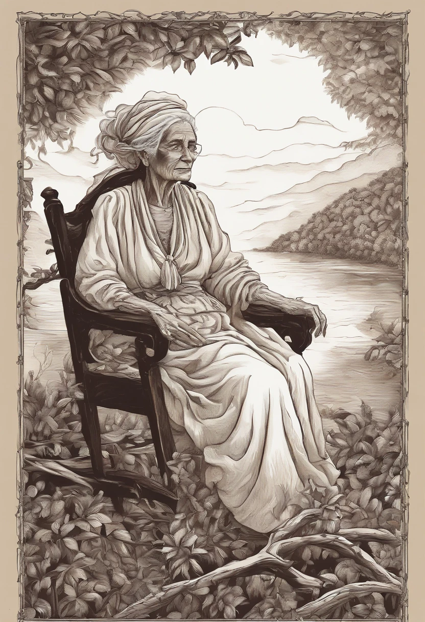 Mysterious old woman organic illustration, ropa blanca modesta, de cabello canoso tipo 4c recogido, piel oscura, ojos vidriosos, ligeramente encorvada, with thoughtful expression, sitting under a mango tree in a wooden rocking chair at night 