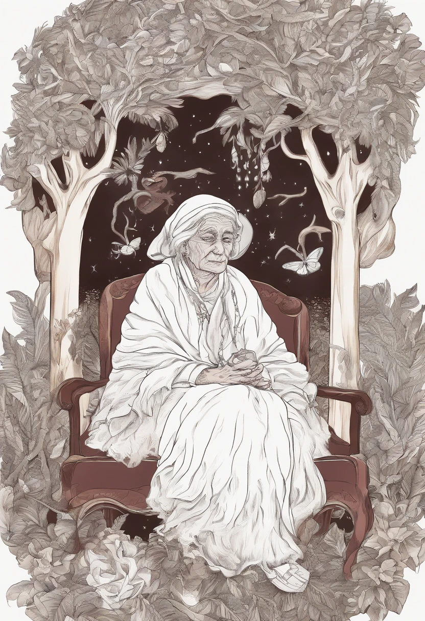 Mysterious old woman organic illustration, ropa blanca modesta, de cabello canoso tipo 4c recogido, piel oscura, ojos vidriosos, ligeramente encorvada, with thoughtful expression, sitting under a mango tree in a wooden rocking chair at night 