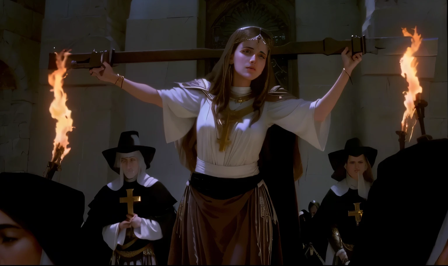 Arabian woman in dress holding a burning cross, 1983年のMovie screenshots, Lady Doubtfire as a witch, Movie screencaps, Movie screenshots, Movie Scenes, From a scene in a movie, movie excalibur 1 9 8 0, vhs screen cap, Movie screenshots