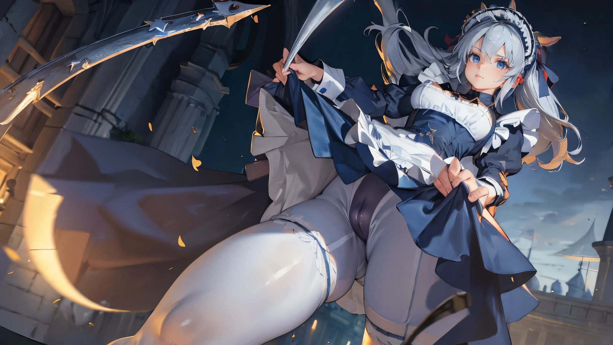 masterpiece, ultra detailed, 8k portrait, RAW photo, portrait photography, highly detailed face, beautiful and meticulous eyes, dark blue hair, long hair, blue eyes, white hair ribbon, (dark blue French maid costume:1.5), white tights, half boots, spread legs, standing, (holding a giant sickle:1.5), by the old castle, in mid night, from below, (cameltoe:1.5)