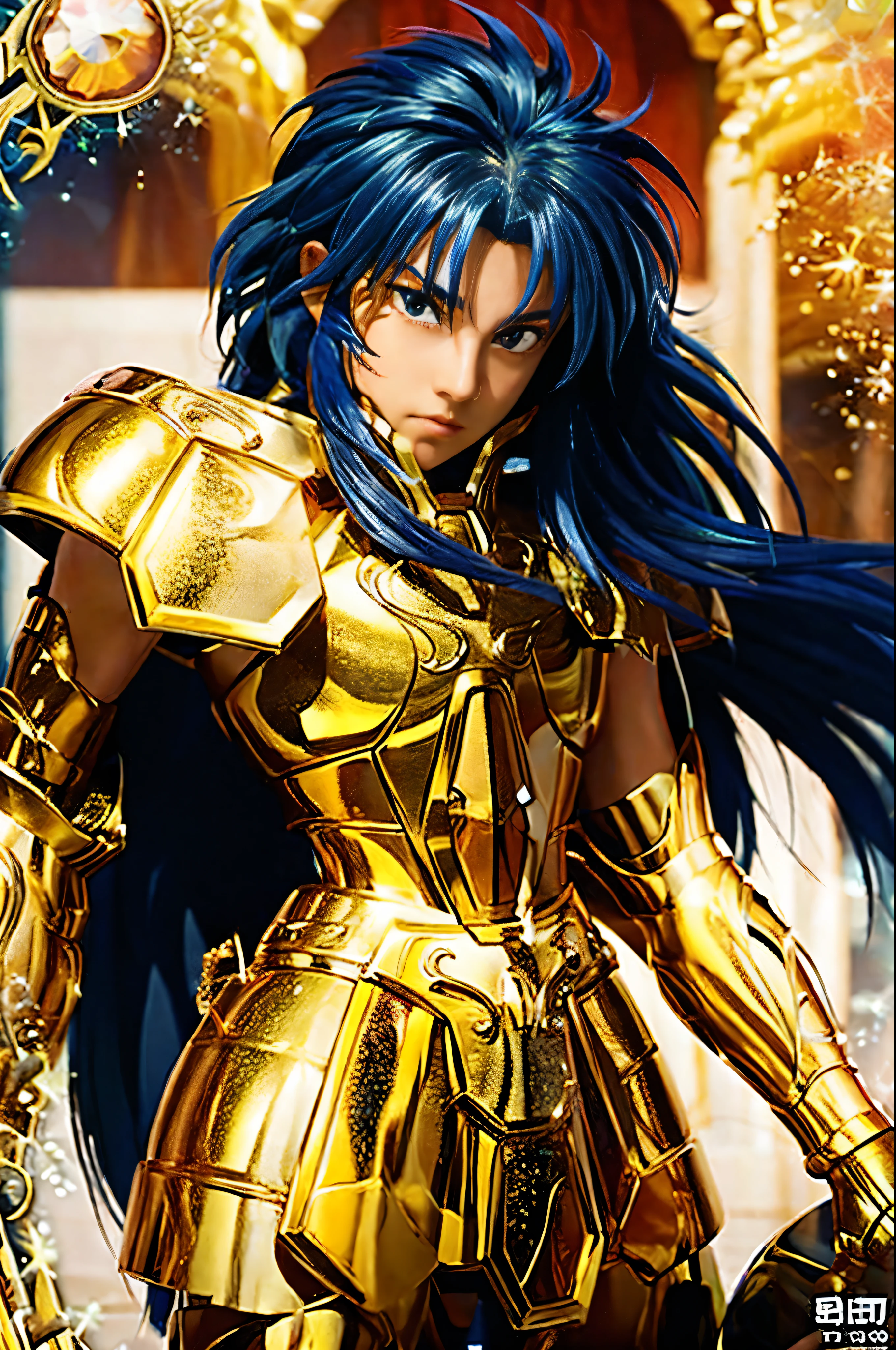 Super high saturation（masterpiece）， Full body image，（Best quality）， （1 girl），ultra wide angle lens， surface focus， Wearing shining golden armor， Sexy lingerie type armor，Show your breasts，Expose the waistline，Show your thighs，cool pose， Saint Seiya Armor， Messy hair，High Detail, anime style, light, Armor glittering, Divine Light, Ray Tracing, Film Grain, Ultra HD, textured skin, Super Detail, anatomically correct, high resolution，Super high saturation，High contrast，high gloss armor，Smooth skin，Serious expression