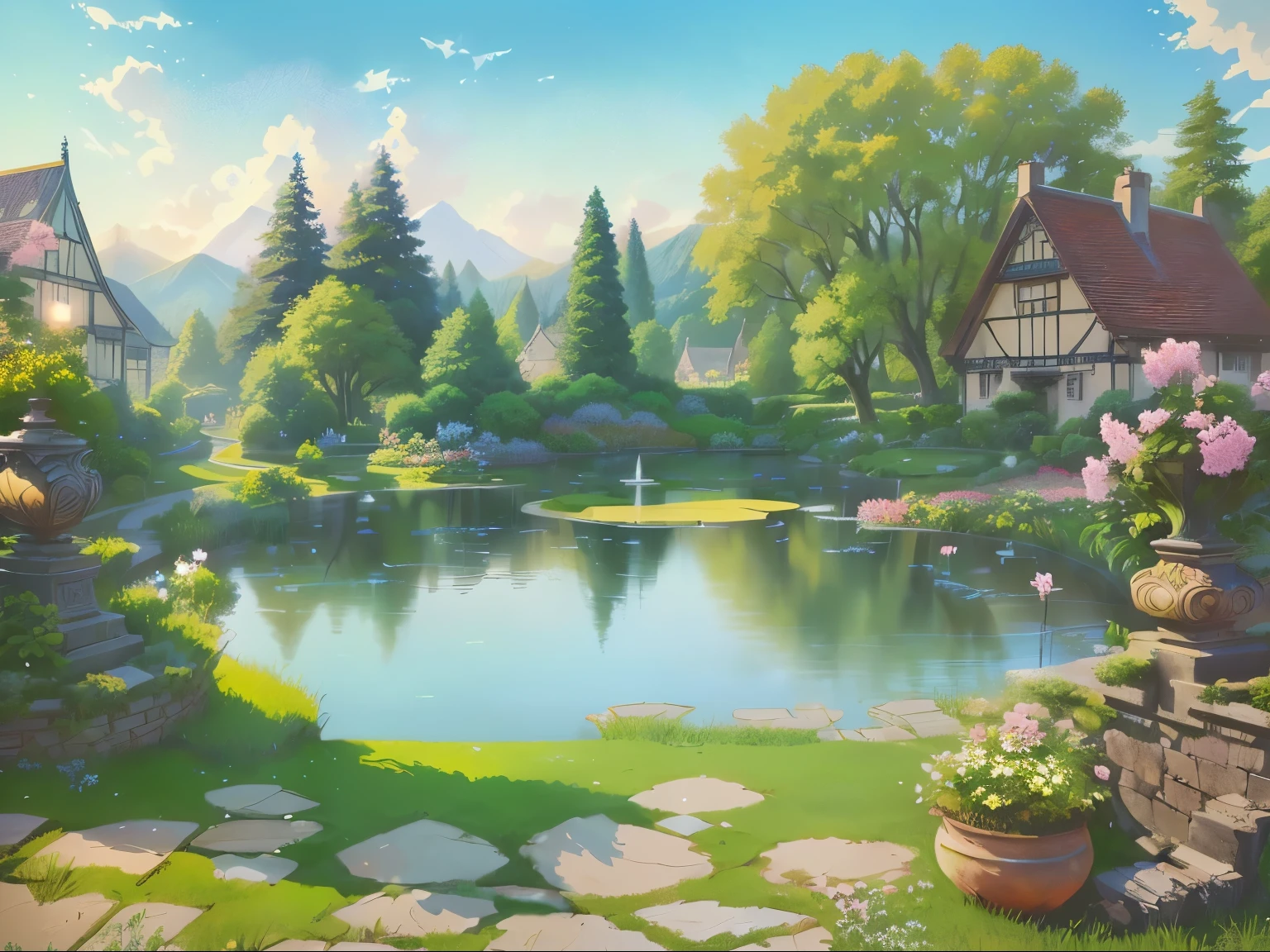 There is a painting,There is a garden in the painting,There is a pond and a house inside, Fairy tale style background, background technologywork, anime rural scenery, background technology, Garden Background, royal Garden Background, Detailed scenery —width 672, A beautiful artistic illustration, pond landscape, garden pond scene, Landscape Art Detail, 2D Game Art Background, environment design illustration, anime background technology