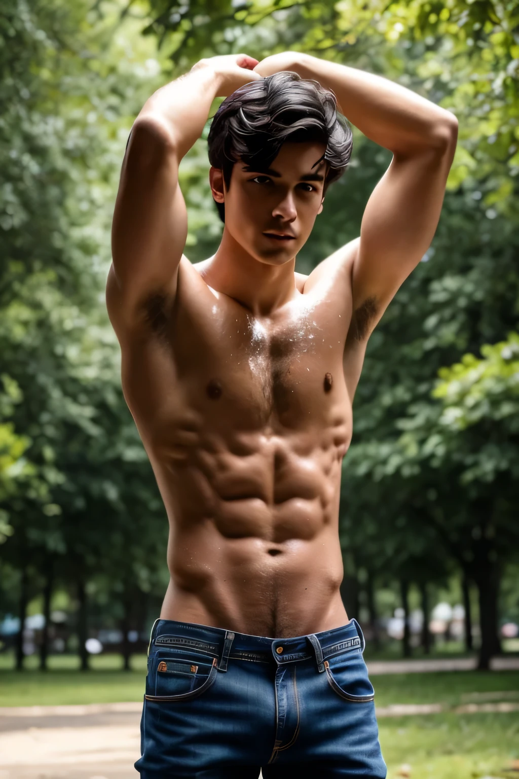 a lean skinny shirtless 18-year old caucasian boy wearing jeans, messy black hair, cute face, brown eyes, tanned skin, panting, drenched in sweat, sweating profusely, hands behind head, in the park, half-body