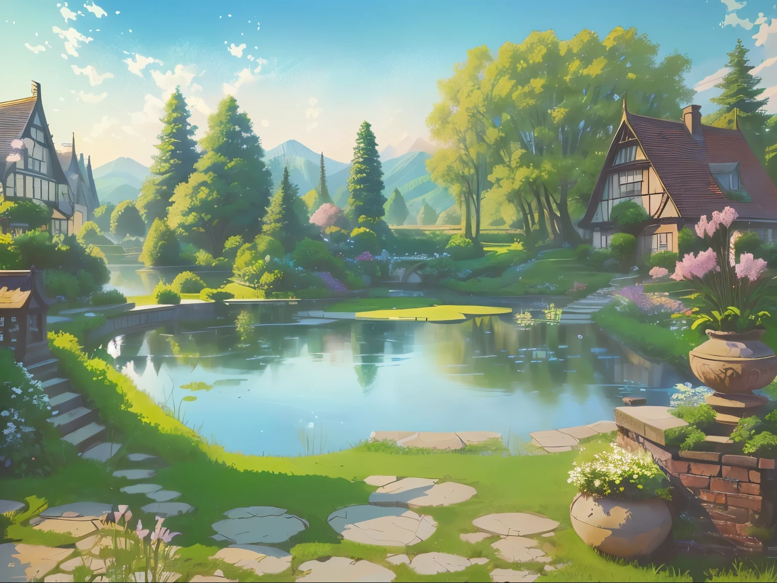 There is a painting,There is a garden in the painting,There is a pond and a house inside, Fairy tale style background, background technologywork, anime rural scenery, background technology, Garden Background, royal Garden Background, Detailed scenery —width 672, A beautiful artistic illustration, pond landscape, garden pond scene, Landscape Art Detail, 2D Game Art Background, environment design illustration, anime background technology