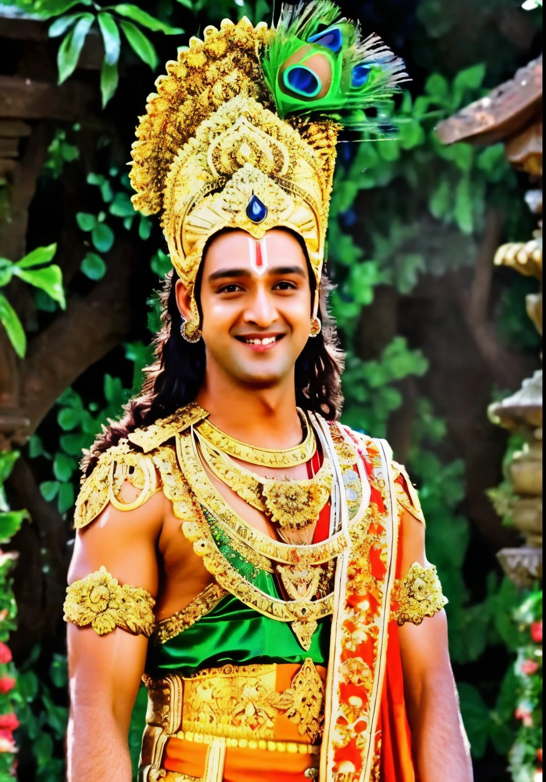 1boy, SRJ AS KRISHNA , PEACOCK FEATHER ON HIS HEAD CROWN, HANDSOME, CHARISMATIC FACE, TILAK ON FOREHEAD, SMILE, FULL BODY, GARDEN BEHIND, GARLAND, INTRICATE DETAILS, WARRIOR COSTUME, RAW photo, 8k uhd, dslr, soft lighting, high quality, film grain, Fujifilm XT3, ((muscular body)),