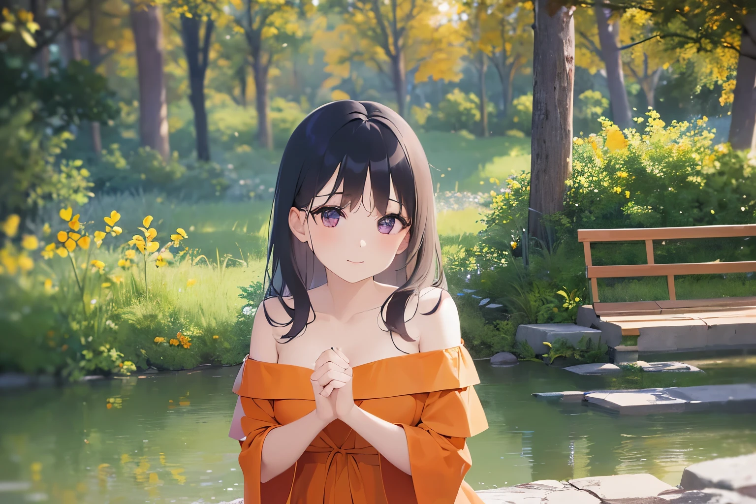 highest quality、masterpiece、(Orange off-shoulder:1.5) , Realistic, real person, (pale skin: 1.2), RAW photo, photorealistic, shiny skin, shiny hair、(A 26-year-old woman with straight hair and bangs) and (medium hair) and (black hair) and (purple eyes) ,(smile:1.3)、(Prayer Pose)、The background is an amusement park bench、Alone、Sitting、Side view