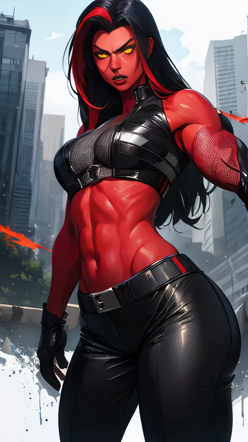 (Highly quality, masterpiece, detailed), City on Fire detailed scenario, city on fire detailed background, 20 years old girl, redshehulk, solo, Red skin, Yellow eyes, Black hair, Colored Skin, Black top, Leather top, Black pants, Leather Pants, Crop top, Black Sleeves, Long Sleeves, Black Gloves, Navel, Angry, beautiful eyes, perfect eyes, looking at the viewer, Sexy pose