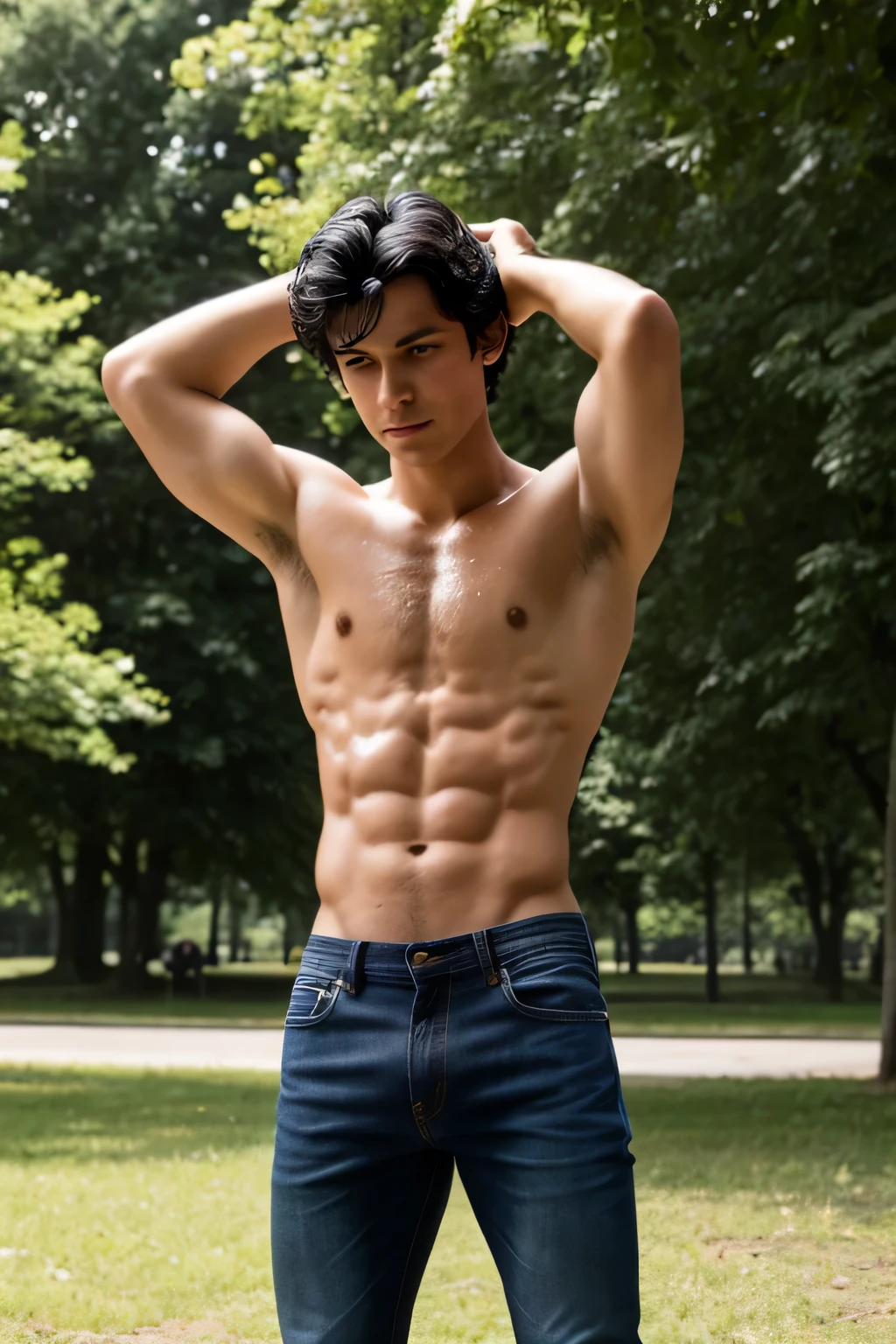 a lean skinny shirtless 18-year old caucasian boy wearing jeans, messy black hair, cute face, brown eyes, tanned skin, panting, drenched in sweat, sweating profusely, hands behind head, in the park, half-body