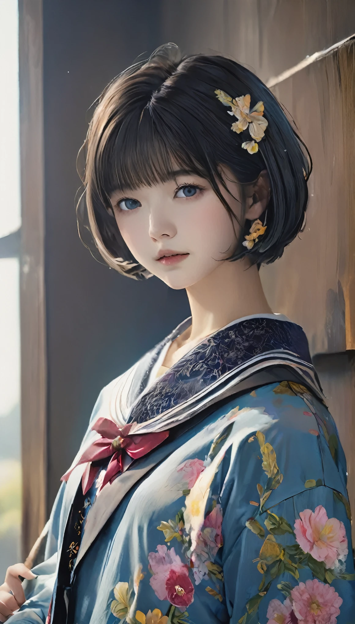 (8k, highest quality, masterpiece: 1,2), (Realistic, Realistic: 1.37), Super Detail, One Girl, ), (Very detailed), (Beautiful details), (highest quality) , (Very detailed), (masterpiece), (Detailed face), 20-year-old, One Girl, whole body, Are standing, Black Hair, Very short hair, Ample breasts, Perfect lighting, Looking at the camera, Naughty face, ((high school girl) , Japanese Sailor Suit,)), Floral hair, impressive, Written boundary depth, short hair, Short Bob, A calm face, Head and body balance