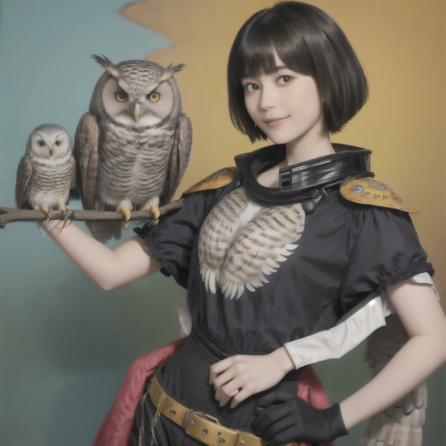 224 Short Hair, 20-year-old woman, A kind smile, (There are also colorful owls), (Rembrandt-style painting), ((machinery suit,Clothes with short sleeves)),I can see your abs