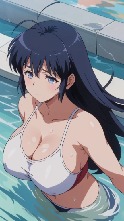 masterpiece, super high quality, Very detailed, Perfect drawing, alone, girl, Evenly inflated bust top, blush, Sweat, Overflowing with smiles, 18-year-old, Breast augmentation, (Sweat)、Straight Long Hair、Swimming in the pool、Cleavage、Show your side