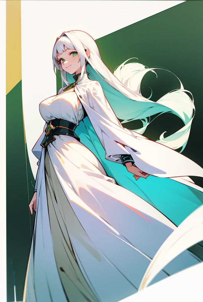 Young beautiful woman　cute　Anime illustration　Smiling here　Pale green eyes　Big Breasts　She looks neat and tidy and is wearing a luxurious white dress.　　White highlights on both eyes　Waist-length white hair　Beautiful fair skin　Standing there with a neat appearance　Lady　Looks kind　A young woman in her teens　cute