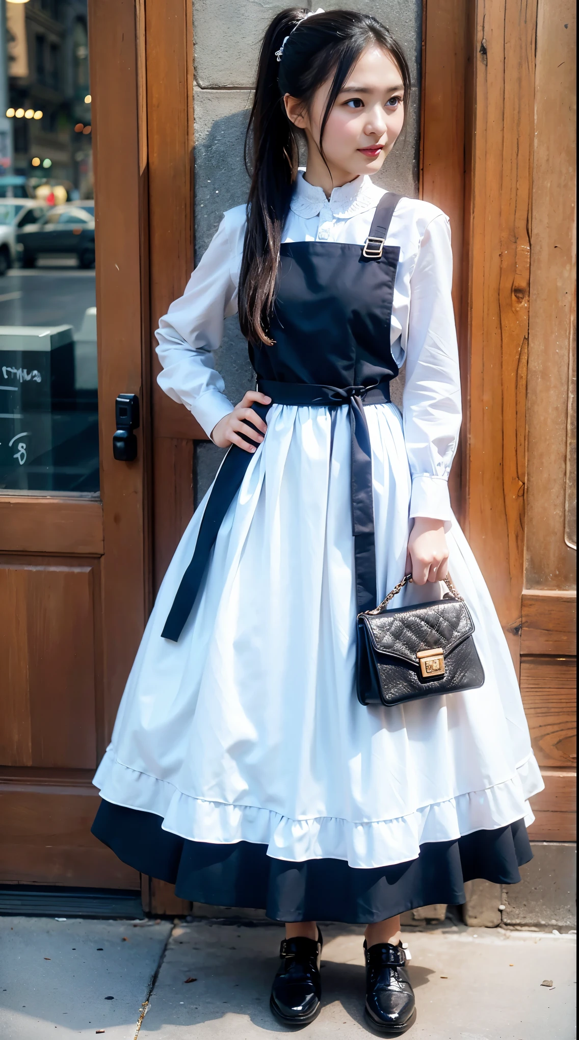 masterpiece,(highest quality, figure,Detailed face:1.3),(One girl,alone:1.3),Beautiful fine details, apron, Slope_background, Slope, Maid, Purple eyes,red hair,Small breasts,, break, enMaided, white_apron, black_dress, ponytail, black_footwear, frills_apron, dress, Maid_apron, Alternative_hair,very long hair, Split_ponytail, Hello